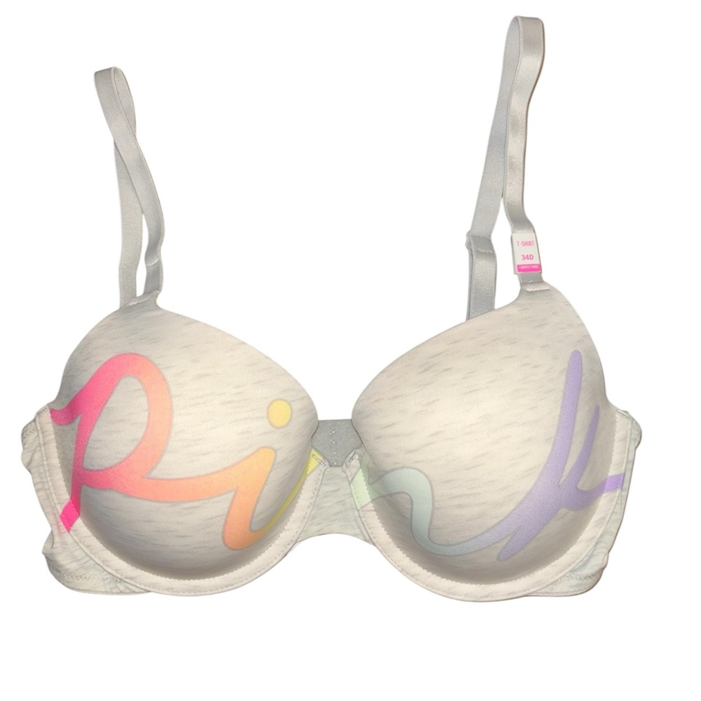 PINK Victoria's Secret White Bra with Rainbow Lettering Size 34D
